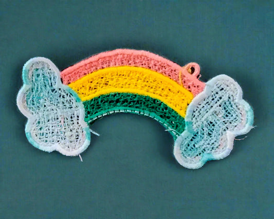 Lace rainbow hanging ornament   made by Not Your Nana in Dunedin, New Zealand