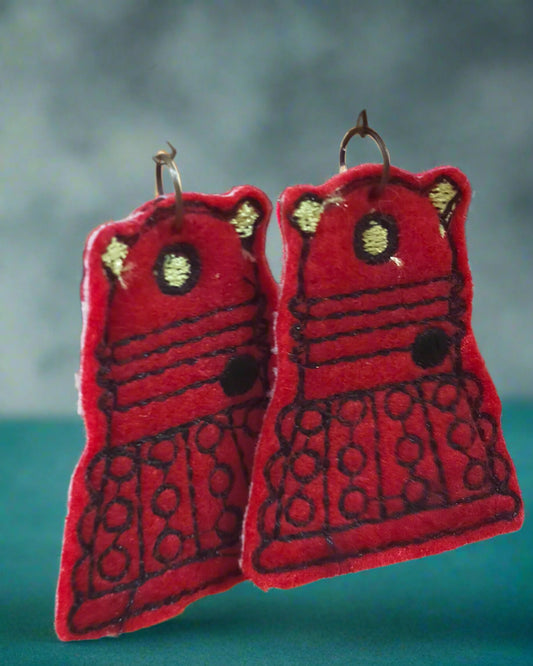 Red Dalek earring. Made by Not You Nana in Dunedin, New Zealand