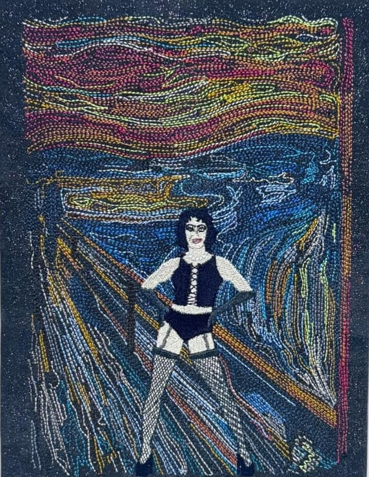 This is a picture of Frank-N-Furter from the Rocky Horror Picture Show with a backdrop of Edvard Munsch's Scream. It was made by Not Your Nana in Dunedin, New Zealand.