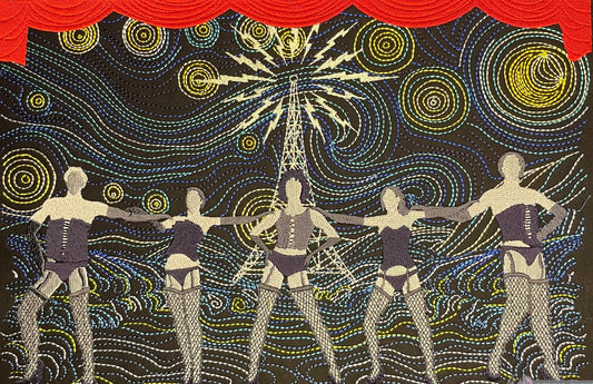 This features the cast of the Rocky Horror Picture Show on a stage with a backdrop of Vincent van Gogh's Starry Night. Colours may vary slightly.
Made by Not Your Nana in Dunedin, New Zealand.