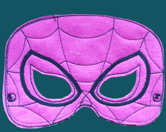 This Spiderwoman (Gwen Stacey) mask is pink with embroidered black web. Made by N0t Your Nana in Dunedin, New Zealand