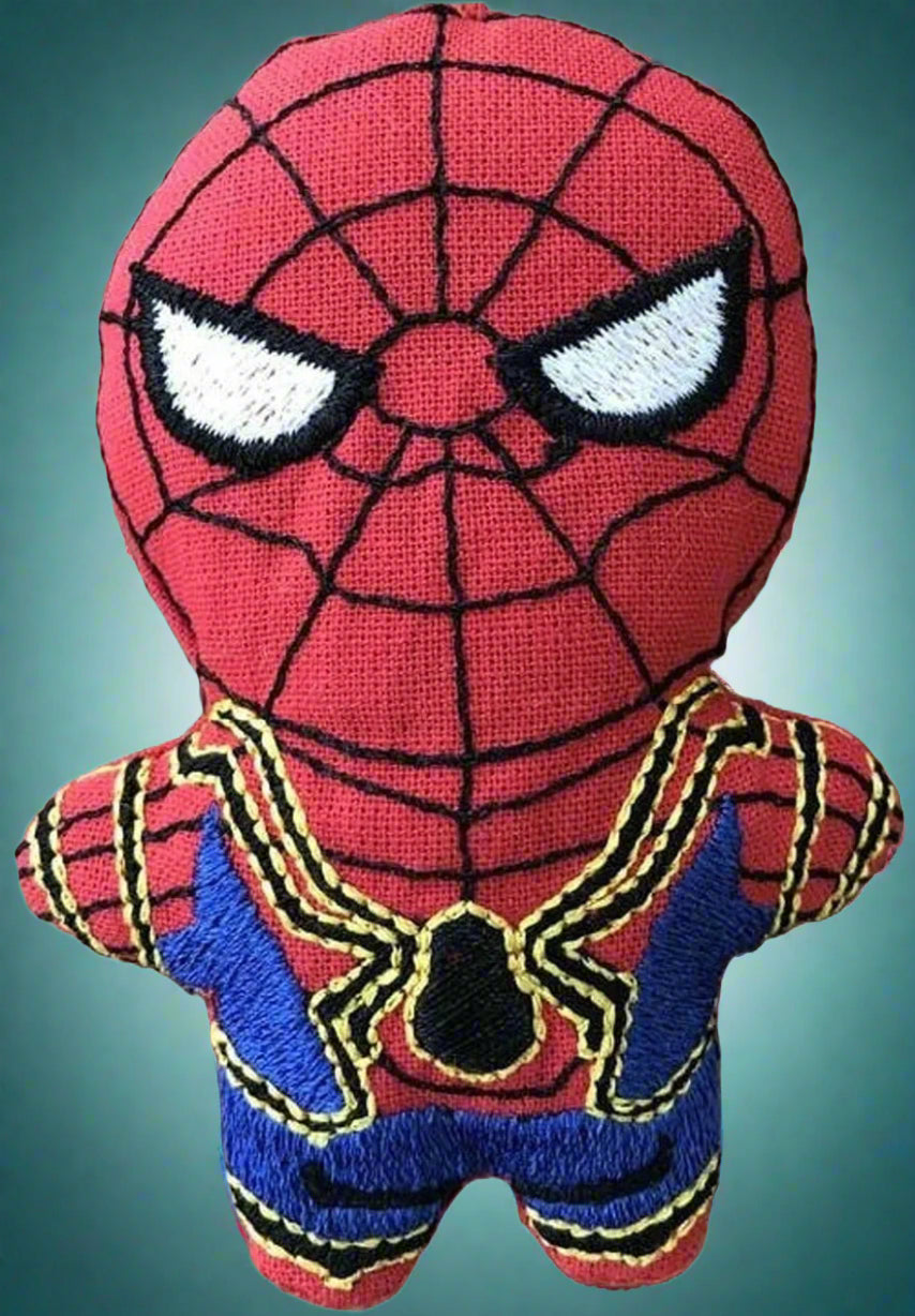 Plush toy of Spider-Man with red and blue suit. Made by Not Your Nana, Dunedin, New Zealand